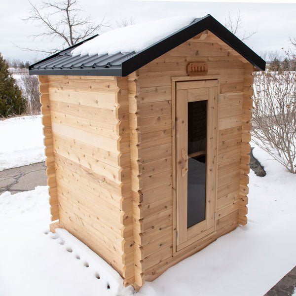 Dundalk Leisurecraft CT Granby Sauna outside in the snow