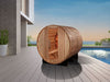 Golden Designs "Zurich" 4 Person Barrel Sauna outdoors on deck